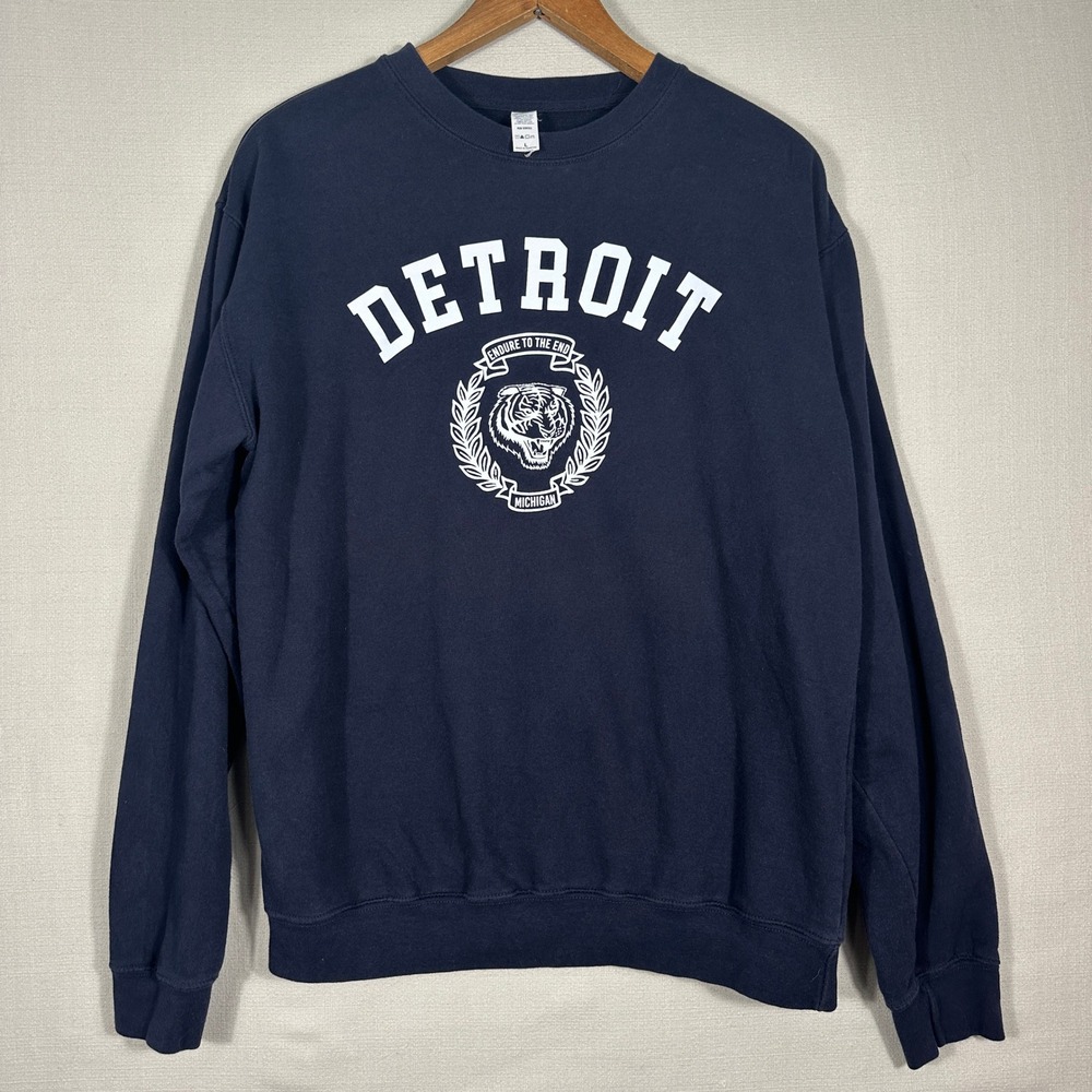 Gildan Detroit Michigan Sweatshirt Mens L Navy Blue Good Tiger Graphic Crewneck